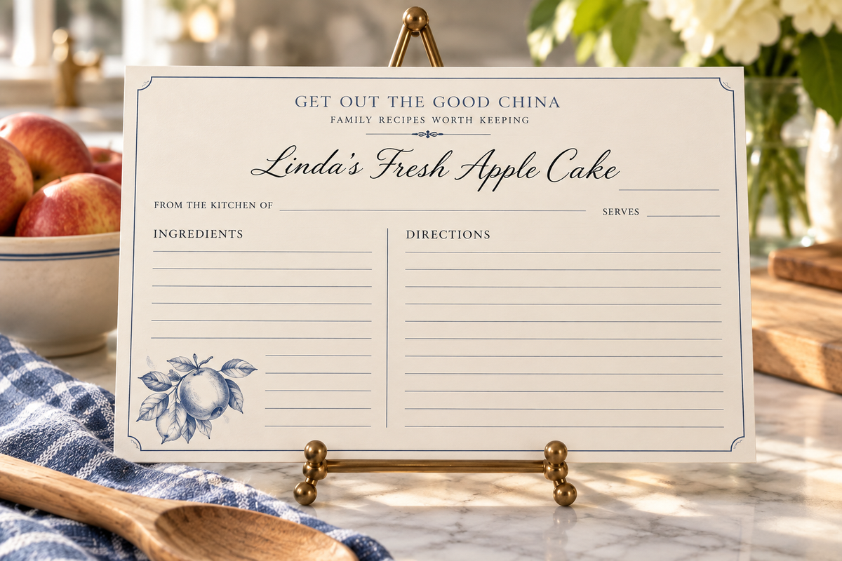 A recipe card standee featuring a vintage-style recipe template titled 'Linda's Fresh Apple Cake' with fields for ingredients and directions, displayed on a small brass easel in a kitchen setting with apples and a blue checkered cloth.