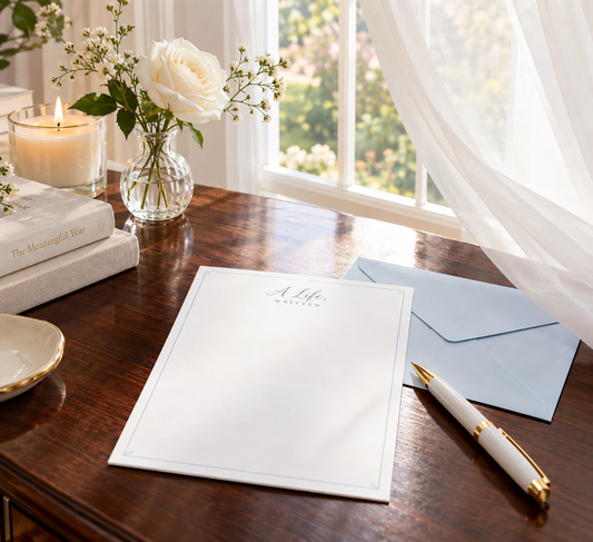 Fine stationery and pen on a mahogany desk with a candle and floral arrangement by a window. 