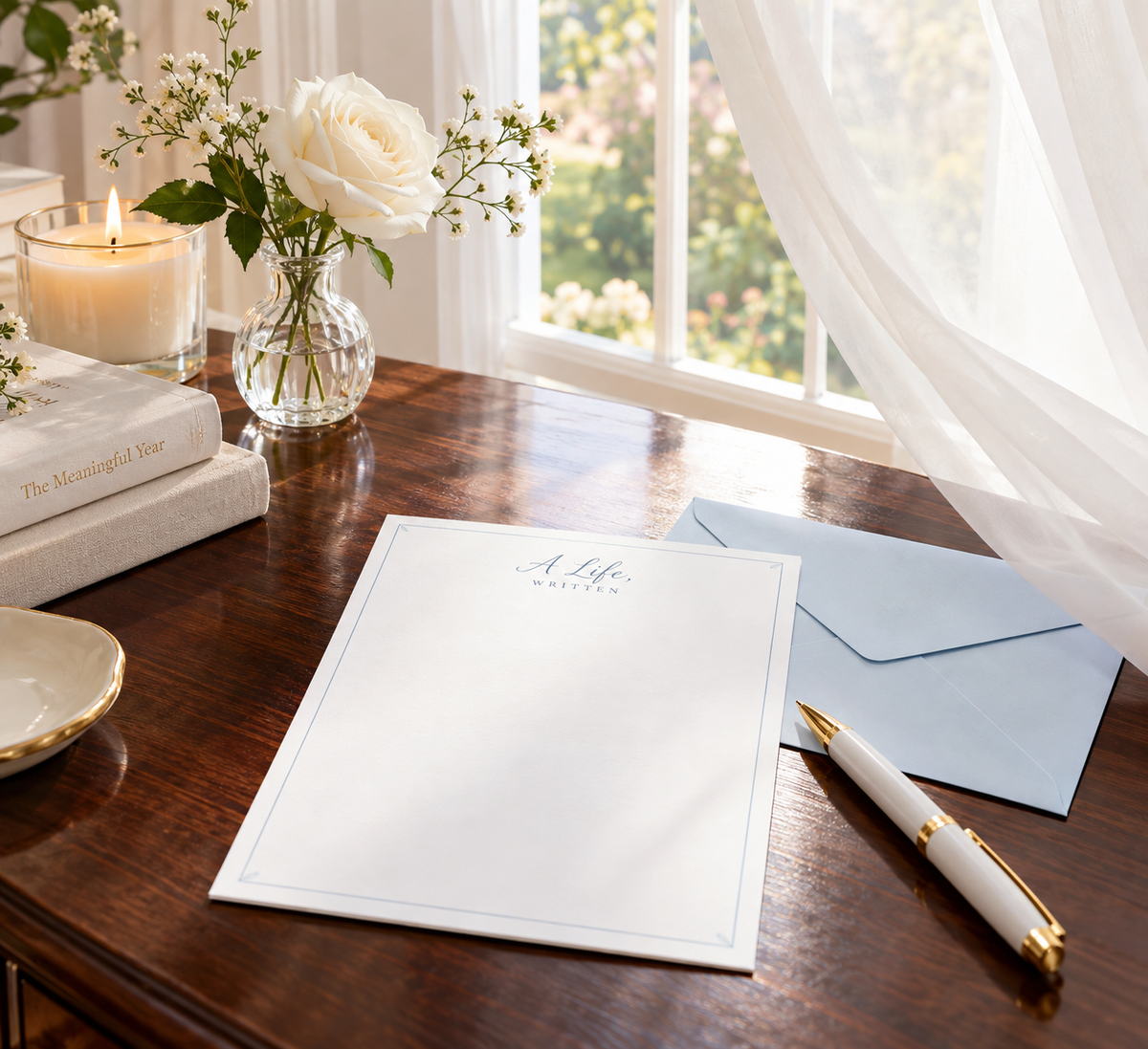 A styled stationery scene on a wooden desk by a window, featuring a white letterhead card with elegant blue border and script reading 'A. & M.