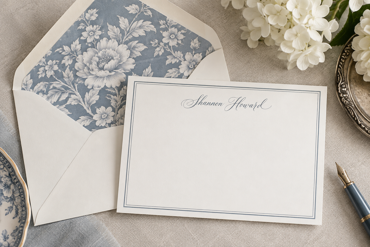 A styled flat-lay of a white stationery card with elegant cursive writing and a blue border, placed next to an open envelope with a blue floral liner on a neutral fabric surface with flowers and a fountain pen nearby.