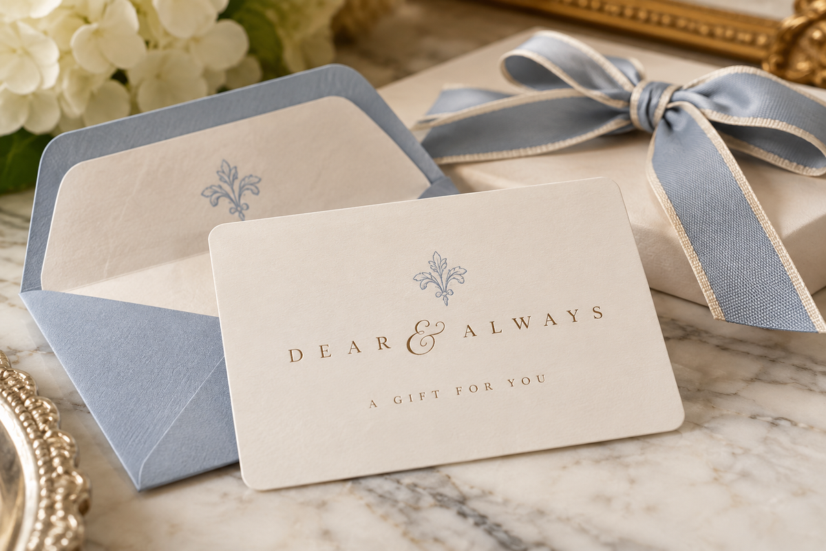 A gift card reading 'DEAR & ALWAYS A GIFT FOR YOU' in gold foil, placed in front of a light blue envelope and a wrapped gift box with a blue satin ribbon on a marble surface.
