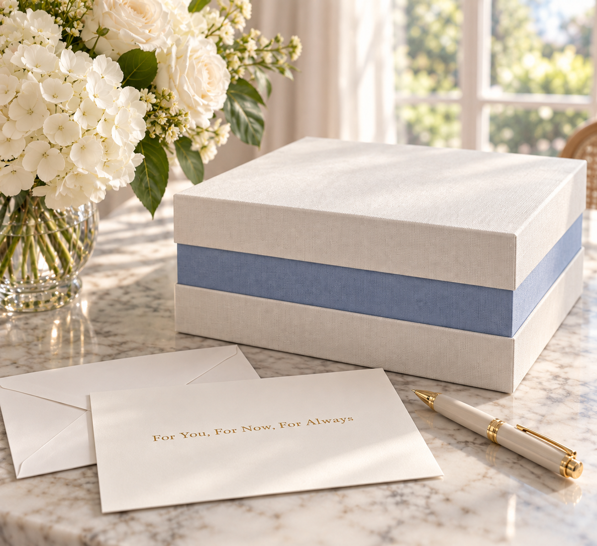A white gift box with a blue band sits on a marble table beside white flowers, a card with gold text reading 'For You, For Now, For Always,' and a cream pen with gold trim.