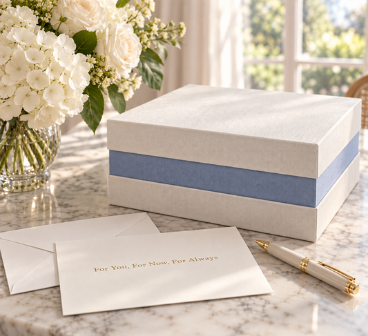 A white gift box with a blue band sits on a marble table beside white flowers, a card with gold text reading 'For You, For Now, For Always,' and a cream pen with gold trim.