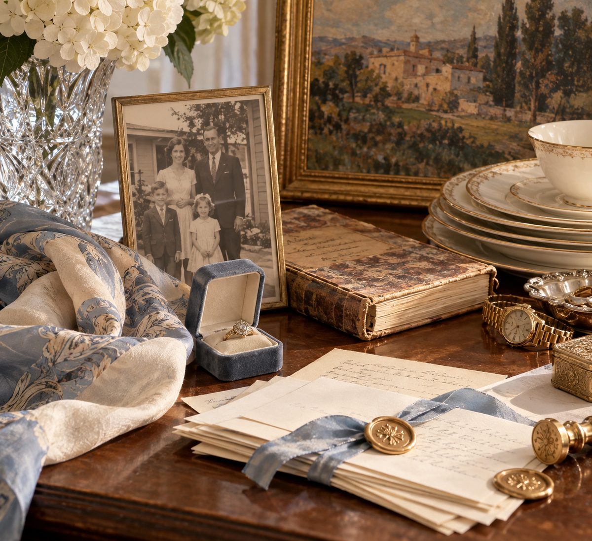 A styled tabletop scene with a blue velvet ring box containing a ring, a stack of cream papers tied with a blue ribbon and gold wax seal, an antique book, a framed black-and-white family photo, a landscape painting, stacked white plates, a crystal vase with white flowers, and a blue-and-cream patterned scarf.